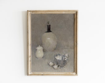 Vintage Oil and Garlic Still Life Painting: Kitchen Art Print (Digital Download)