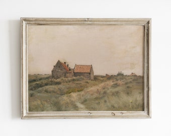 Vintage Farmhouse Landscape Painting: Rustic Cottage Scene (Digital Download)