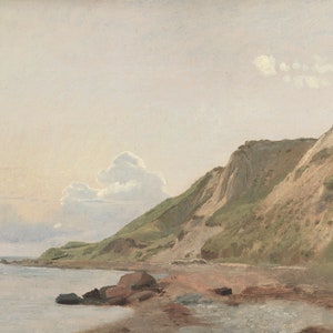 May include: A watercolor painting depicting a coastal scene with a rocky shoreline and a grassy cliff in the background. The sky is a soft blue with white clouds.