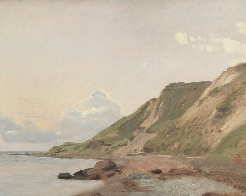 May include: A watercolor painting depicting a coastal scene with a rocky shoreline and a grassy cliff in the background. The sky is a soft blue with white clouds.
