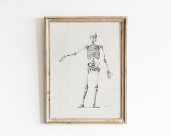 Vintage Halloween art print, skeleton wall art, printable art