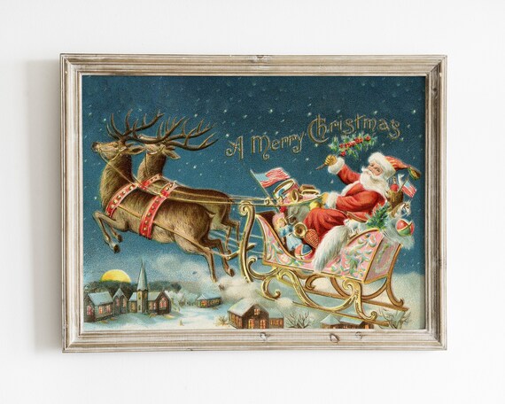 Vintage Santa Sleigh Reindeer Print: Retro Christmas Art (Digital Download)