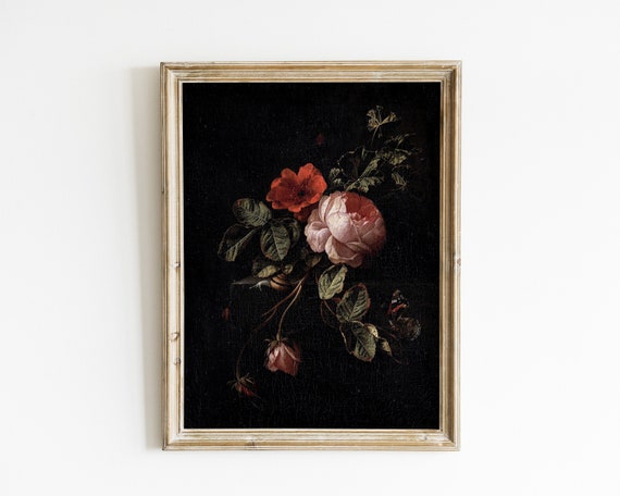 Antique Replica Pink Rose & Butterfly Floral Art Print Antique Replica Pink Rose & Butterfly Floral Art Print