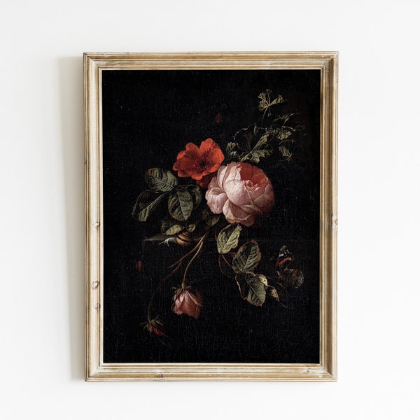 Vintage flower painting, Floral art print, rose painting, floral painting, vintage floral art print, moody floral art, flower still life