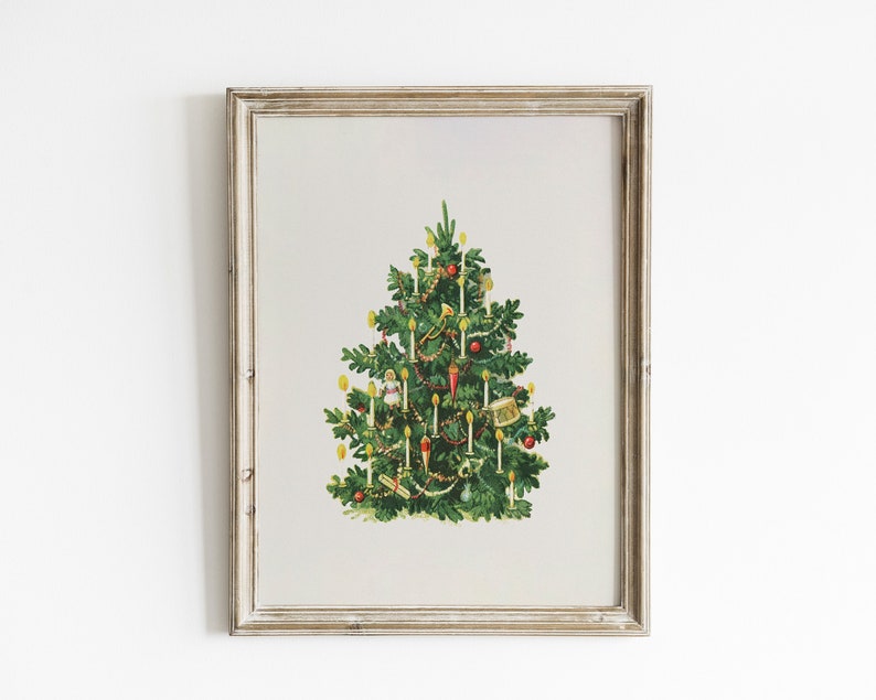 May include: A vintage illustration of a Christmas tree decorated with candles, ornaments, and a star on top. The tree is green with a white background.