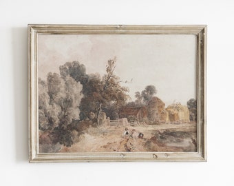 Vintage Herbst Landschaft Aquarell Gemälde: Bauernhaus Wandkunst (Digitaler Download)