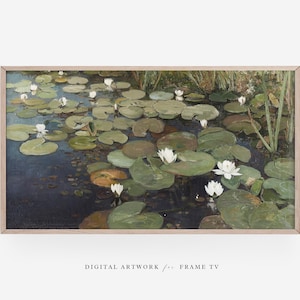 May include: A painting of a pond with lily pads and white water lilies. The water is a dark blue-green color and the lily pads are a variety of shades of green. The water lilies are in bloom and have white petals.