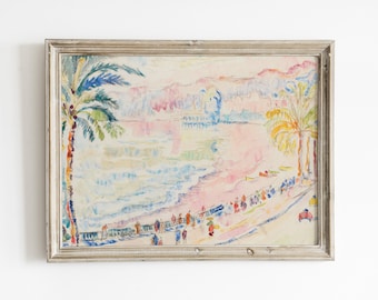 May include: A framed watercolor painting depicting a coastal scene with palm trees, a cityscape in the distance, and a beach with people walking along the shore. The painting is done in shades of blue, pink, and yellow.