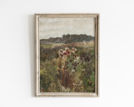 Moody fall landscape print | vintage rustic country decor | printable muted floral art