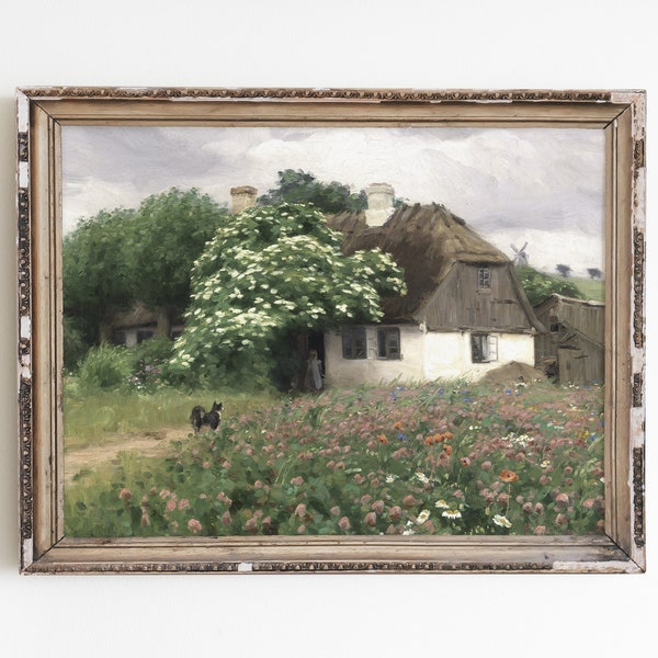 Garden print landscape wall art, French country decor, flower oil painting, vintage art print, antique country landscape art, floral print