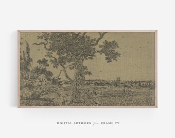 May include: A black and white line drawing of a landscape with a large tree in the foreground and a town in the distance. The drawing is on a beige background with a subtle texture.