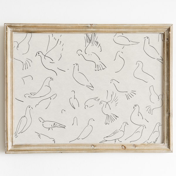 Impression d’oiseaux, art de ligne, art mural minimaliste, art de croquis, dessin vintage, estampes abstraites, art mural moderne, art mural de ferme, art imprimable