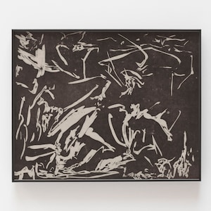 May include: Abstract art print with white brushstrokes on a dark brown background. The brushstrokes are layered and create a sense of movement and depth.