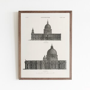 Peut inclure: Illustration architecturale en noir et blanc de la basilique Saint-Pierre de Rome, en Italie. L'illustration montre les vues avant et lat&eacute;rales de la basilique, y compris le d&ocirc;me. Le texte "ARCHITECTURE" et "PLATE 130" est visible en haut de l'image.