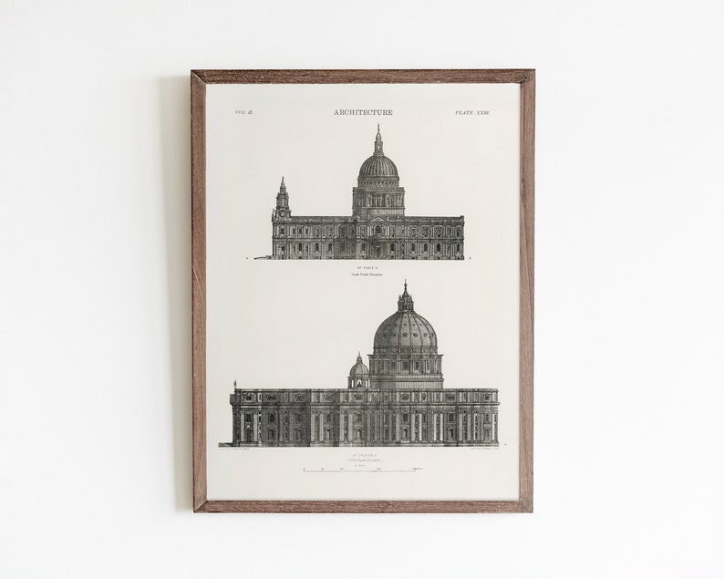 Peut inclure: Illustration architecturale en noir et blanc de la basilique Saint-Pierre de Rome, en Italie. L'illustration montre les vues avant et lat&eacute;rales de la basilique, y compris le d&ocirc;me. Le texte "ARCHITECTURE" et "PLATE 130" est visible en haut de l'image.