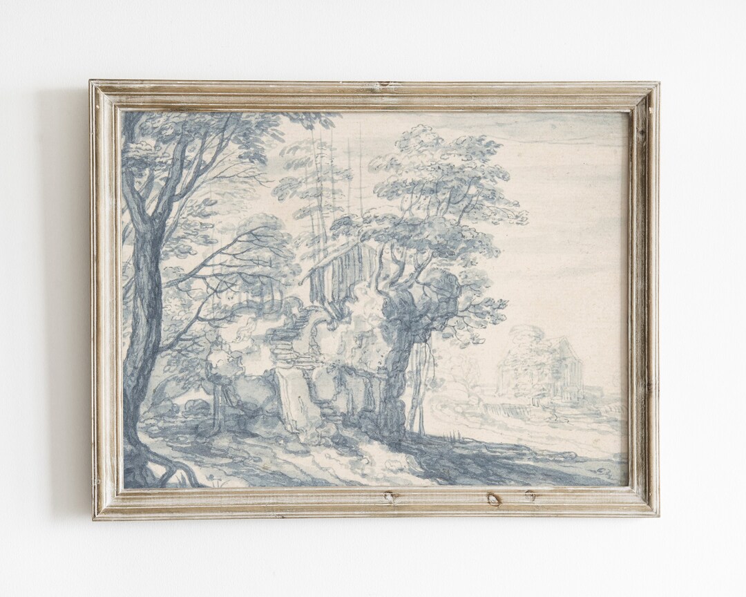 Blue Willow Wall Art Vintage Landscape Painting Chinoiserie Etsy