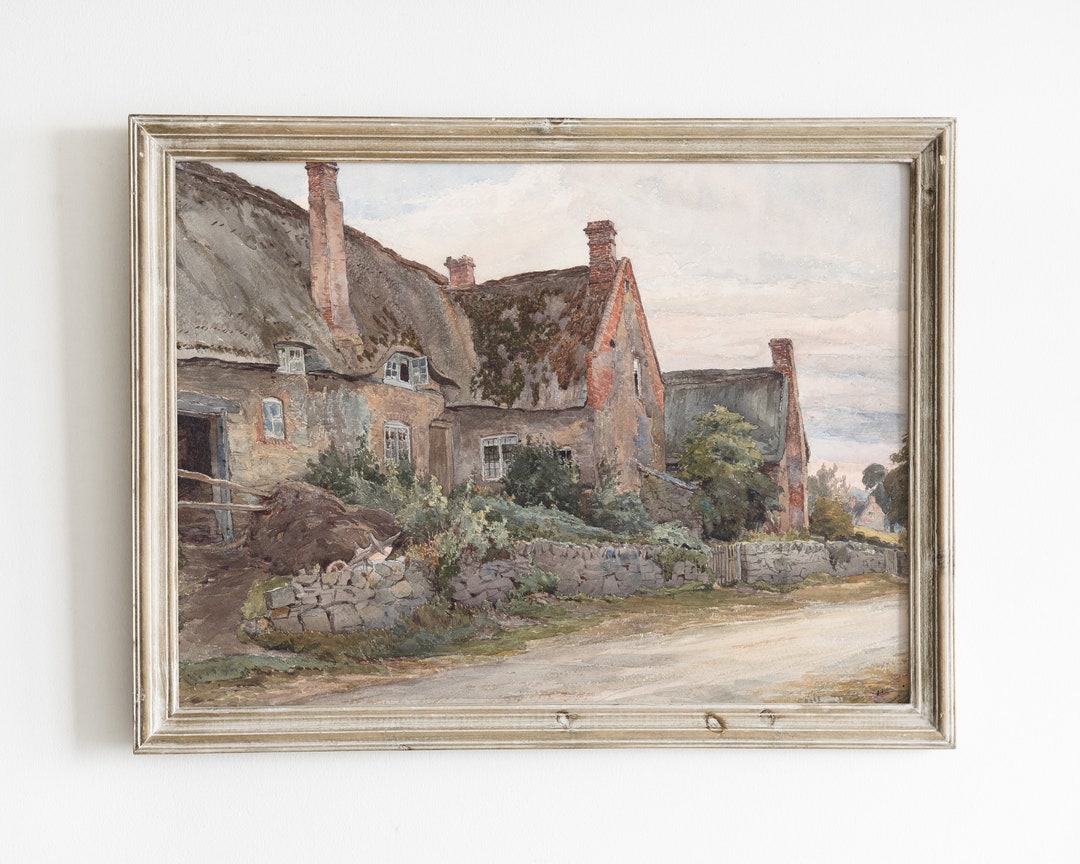 European Village Art Print, Vintage Country Landscape Painting, Pastel