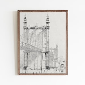Vintage Brooklyn Bridge Sketch Art Print: NYC Architecture (Digital Download)