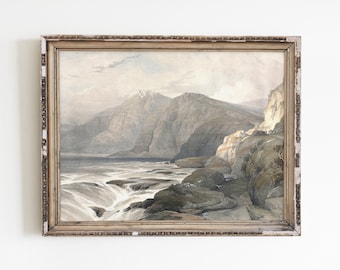 Vintage print berglandschap: stromend rivierlandschap (digitale download)