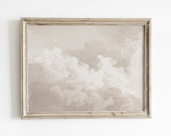 Vintage cloud painting, neutral pastel nursery wall decor, digital download print