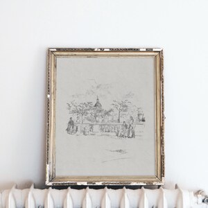 May include: A framed black and white pencil sketch of a building with a dome and people walking in front of it.