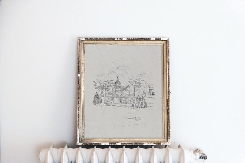 May include: A framed black and white pencil sketch of a building with a dome and people walking in front of it.