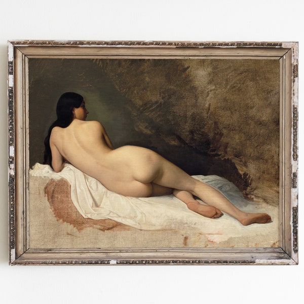 Vintage nude female art print, vintage woman portrait oil painting, antique nude wall art, female artwork, nude woman bathroom painting