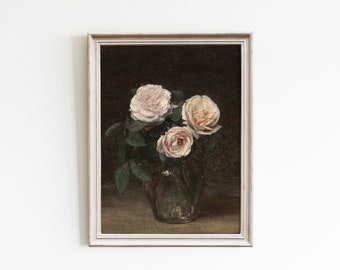 Vintage rose painting, flower wall art, vintage art, antique painting, rose wall art, floral oil painting, pink rose artwork, printable art