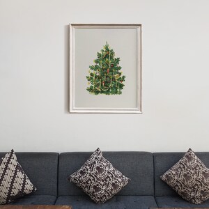 May include: A framed vintage illustration of a Christmas tree decorated with candles and ornaments.