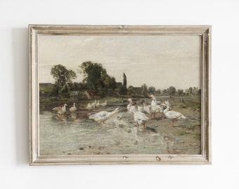 Vintage geese print | antique spring duck painting | vintage nursery wall decor | farmhouse oil painting | farm wall decor