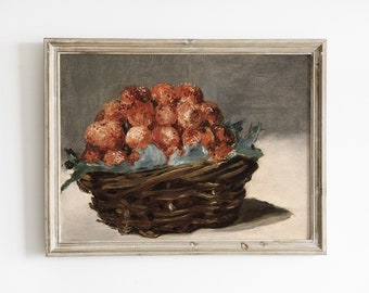 Dipinto antico di natura morta con fragole: arte da cucina in stile fattoria d'epoca (download digitale)