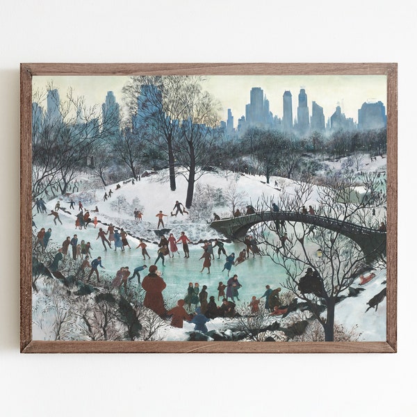 New York ice skating print, Christmas art, New York skyline, NYC wall art, holiday winter decor, Central Park art printable