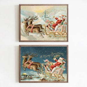 Retro Weihnachtsmann auf Schlitten mit Rentier Kunstdruck, vintage bunte Weihnachtskunst, antike Weihnachtspostkarten Drucke