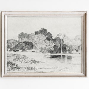 Vintage Lakeside Farm Print: Neutral Country Landscape Drawing (Digital Download)