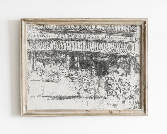 Vintage Fruit Shop Sketch Print: European Village Art (Digital Download)