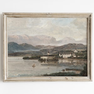 Vintage European village oil painting, printable neutral wall art