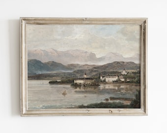 Vintage European Lake Landscape Printable | Neutral Mountain Wall Art | Digital Download