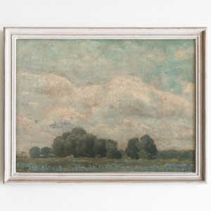 Vintage French Country Meadow Painting: Antique Landscape Art (Digital Download)