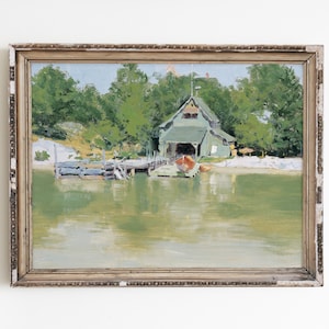 Vintage Boathouse Painting: Lake Cabin Wall Art (Digital Download)