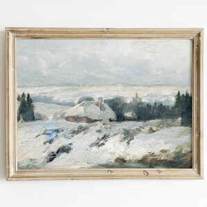 Peinture chalet d&#39;hiver : oeuvre d&#39;art vintage paysage enneigé (téléchargement numérique)