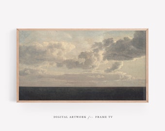 Op de afbeelding: Een schilderij van een zeegezicht met een donkerblauwe zee en een bewolkte lucht. De wolken zijn wit en grijs en zijn in een horizontale lijn over de lucht gerangschikt.
