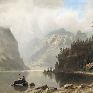 May include: A painting of a mountain lake with a dark silhouette of a bird flying over the water. The lake is surrounded by tall, rocky cliffs and a dense forest. The sky is cloudy and the water is calm and reflective.