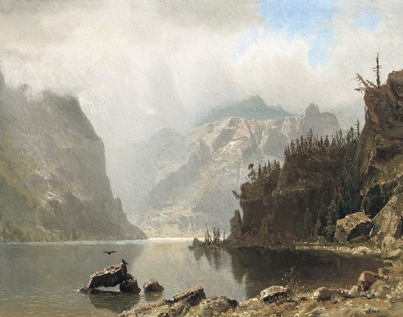 May include: A painting of a mountain lake with a dark silhouette of a bird flying over the water. The lake is surrounded by tall, rocky cliffs and a dense forest. The sky is cloudy and the water is calm and reflective.