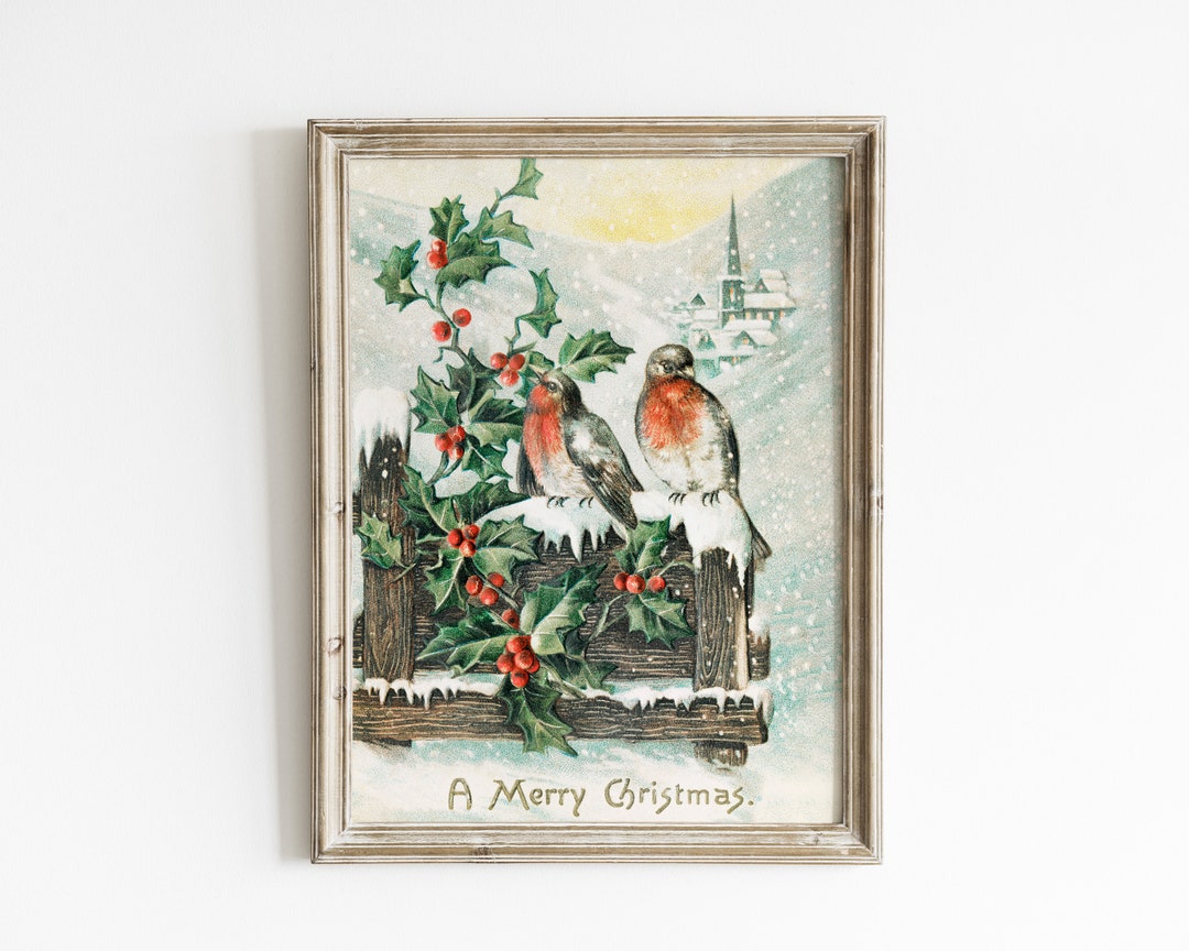 Retro Christmas Bird Print, Nostalgic Christmas Art, Vintage Holiday Wall Art, Farmhouse Holiday