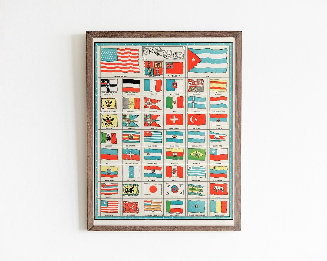Vintage Flag Poster, World Flag Art Print, Country Flags, World Map Art