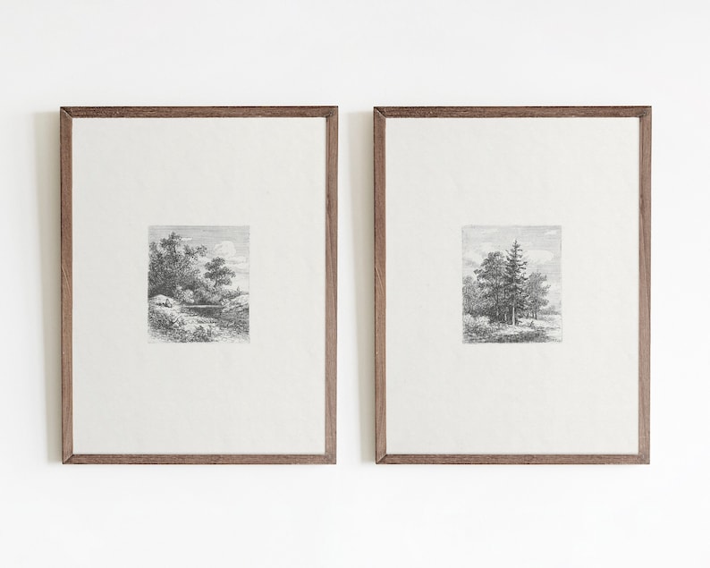 May include: Two framed black and white landscape prints. The print on the left shows a forest scene with trees and a river. The print on the right shows a forest scene with a tall pine tree.