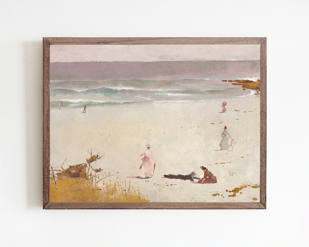 Vintage Beach Painting for Coastal Decor, Seascape Art Beach Drawing