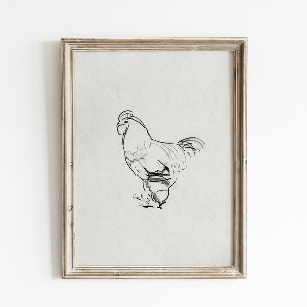Vintage chicken wall art print, Vintage abstract sketch art, chicken drawing, minimalist wall art, sketch print, farm art, printable art