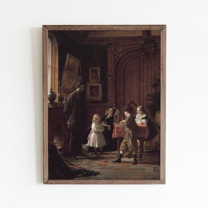 May include: A painting depicting a family gathered in a room with dark wood paneling and a fireplace. The family is dressed in Victorian-era clothing and appears to be engaged in conversation. The painting is framed in a dark wood frame.
