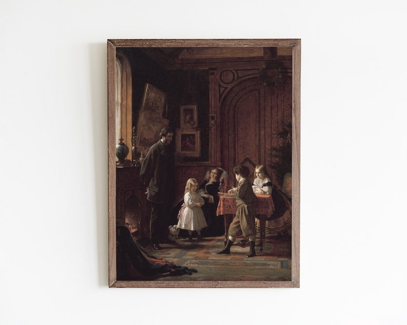 May include: A painting depicting a family gathered in a room with dark wood paneling and a fireplace. The family is dressed in Victorian-era clothing and appears to be engaged in conversation. The painting is framed in a dark wood frame.
